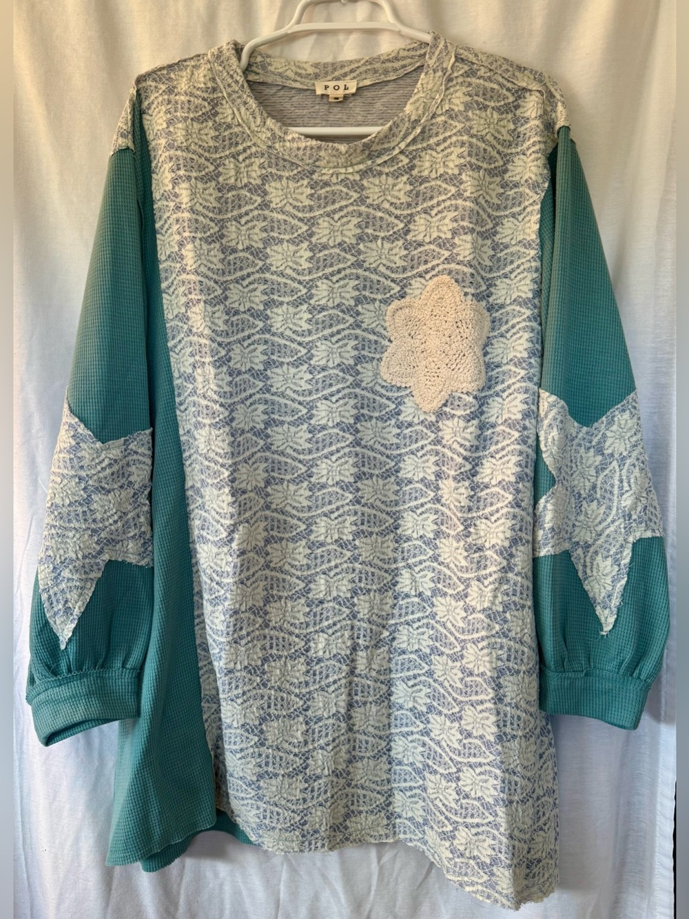 NWOT POL Boho Lace Waffle Knit Star Patchwork Tunic Top Teal and Cream Small